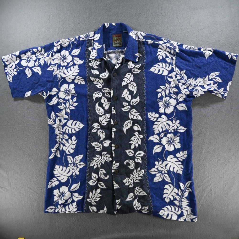 Pineapple Connection Mens Vintage 90s Hawaiian Aloha Shirt Large Blue Hibiscus